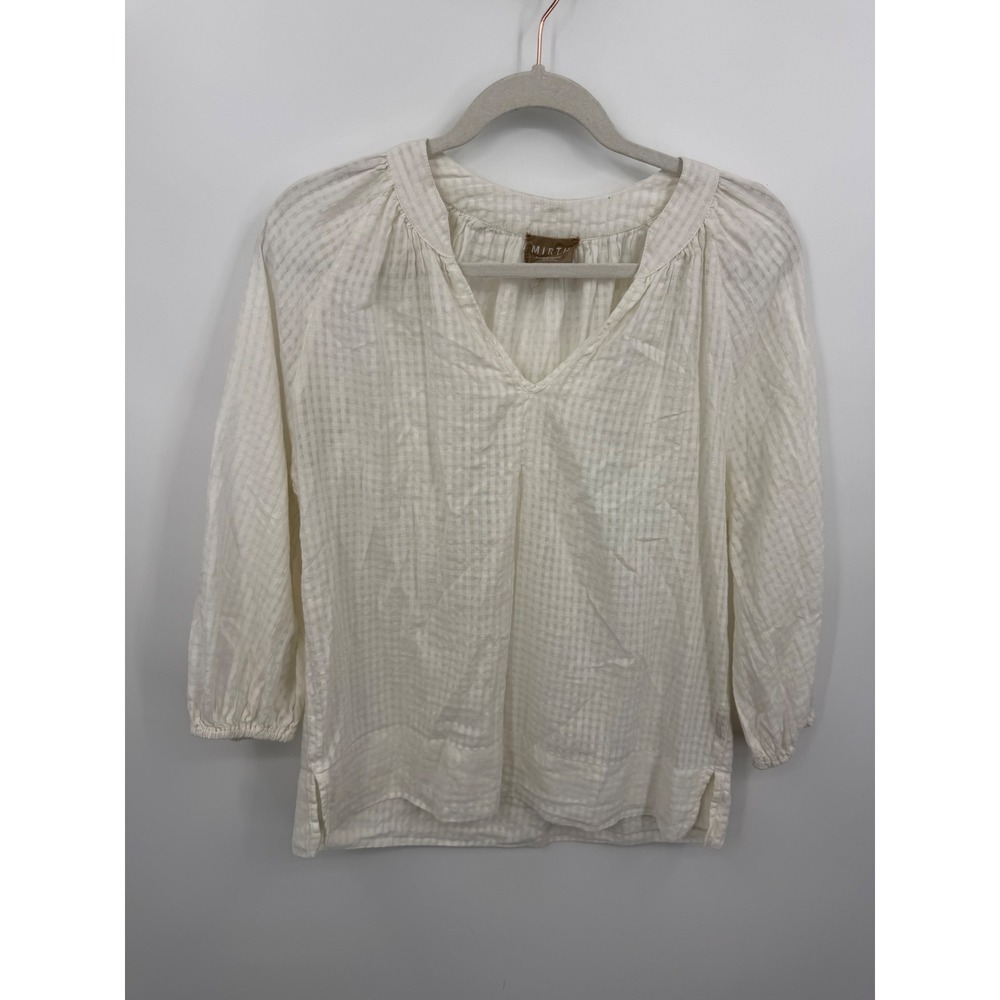MIRTH Gauze V-Neck Blouse Womens Small White Textured Windowpane 3/4 Sleeve Top